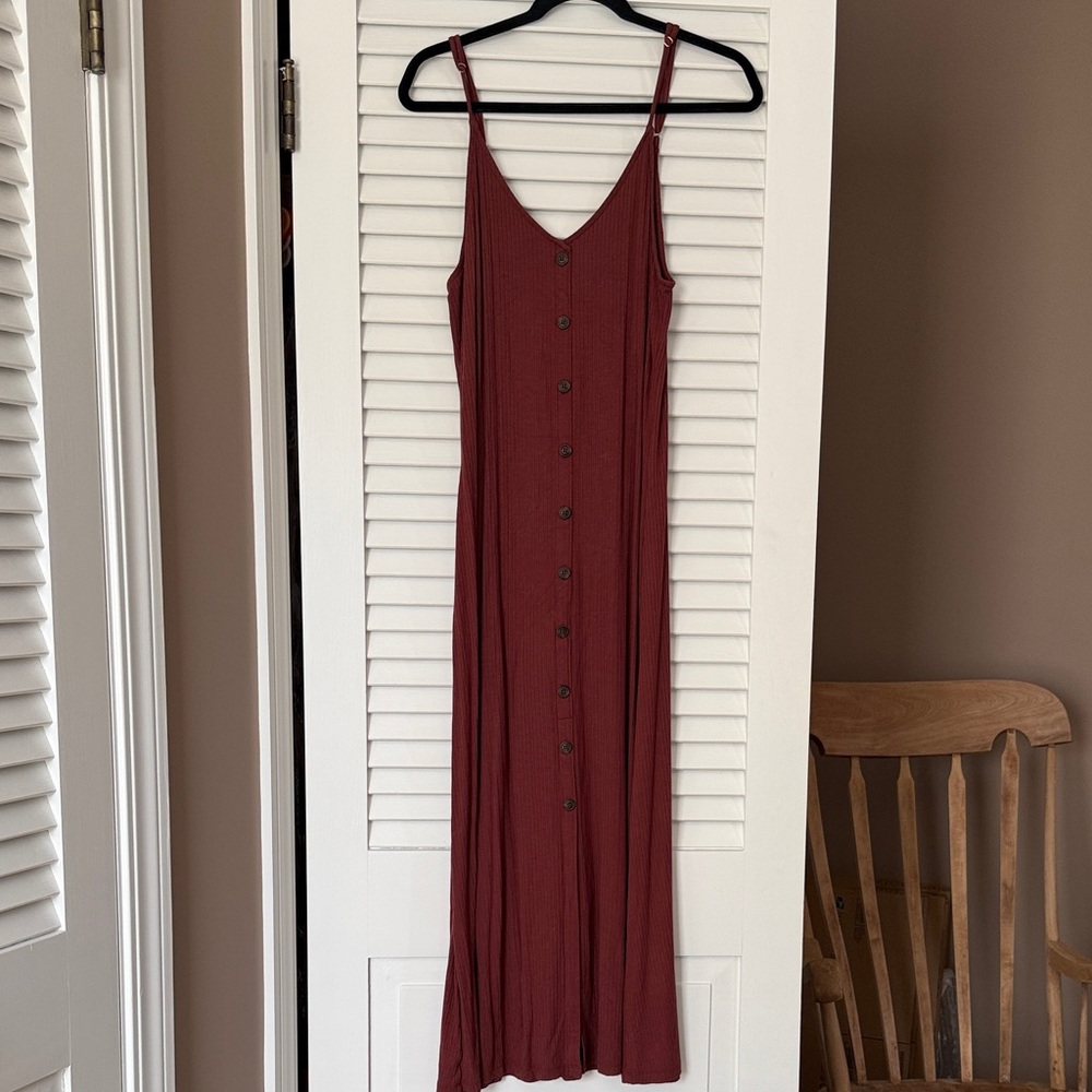 LOFT Maroon Ribbed Maxi Dress Button Front Midi Sleeveless Sundress Large - Picture 4 of 8